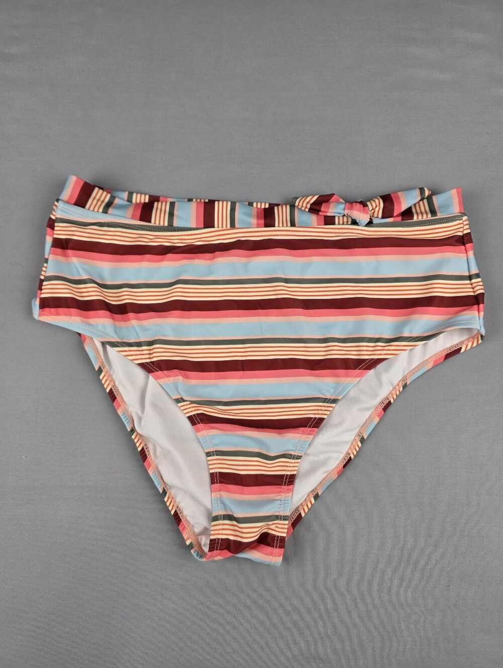 High Rise Bikini Bottoms Size XL Full Coverage Stripes Tie Front Swimwear Beach